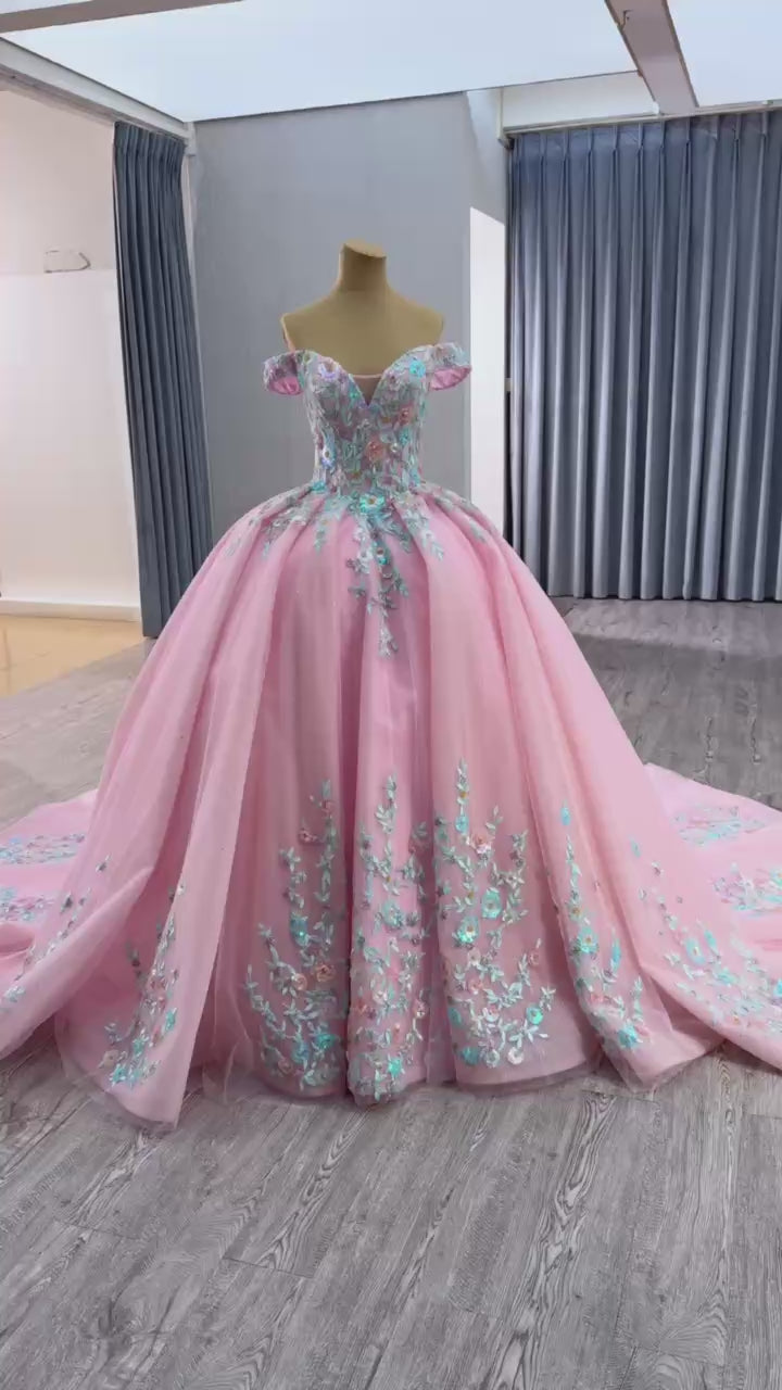 TW116 Vestido Quinceañeras Luxury Off Shoulder Sweetheart Appliques Lace Up Back Pink Long Dress For Special Occasions