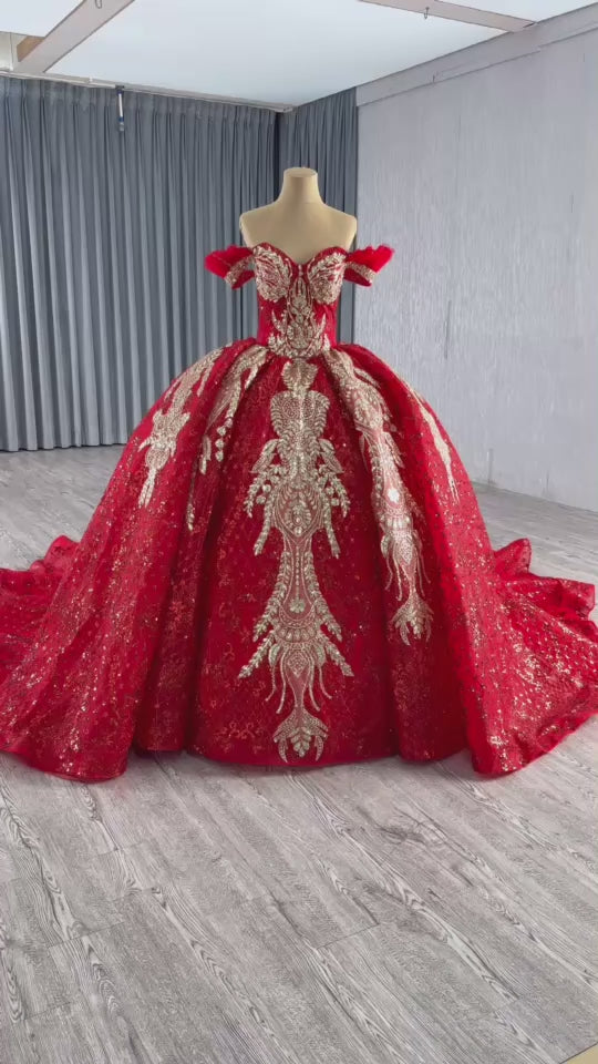 TW278 Vestidos De Quinceañera De Princesa 2025 Off Shoulder Sweetheart Lace Up Back Crystal Lace Red Long Evening Dress