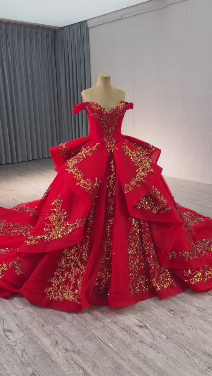 TW199 Vestidos Para 15 Quinceanera Off Shoulder Sweetheart Lace Up Back Sequined Red Customized Long Dress For Special Occasions