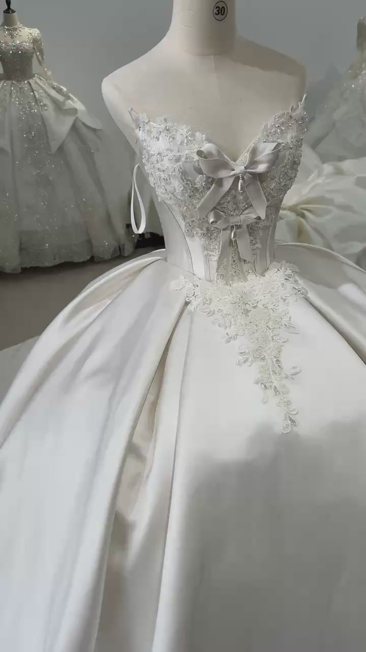 TW011 Robe Mariage Femme 3 Wear Bow Sweetheart Back Lace Up Ball Gown Satin Wedding Dress With Lace Jacket