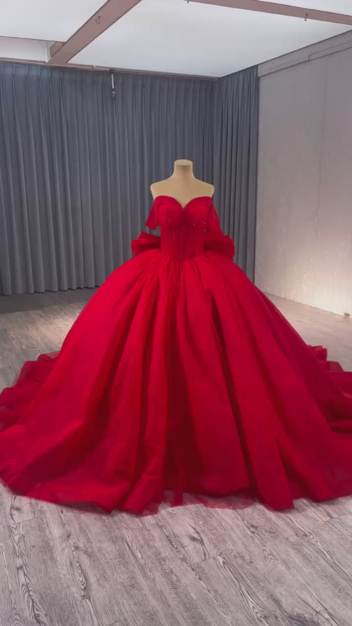 TW215 Vestidos Para 15 Quinceañera 2025 Luxury Off Shoulder Sweetheart Beading Bow Lace Up Back Red Long Dress For Special Occasions