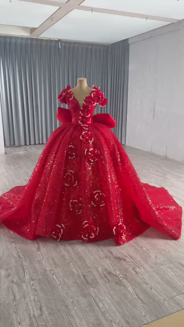 TW181 Vestidos De 15 Quinceañera 2025 Flower Lace Up Back Sequins Beading Red Bow Long Dress For Special Occasions