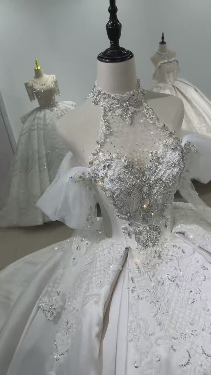 TW494 Luxury Wedding Dress Beading PHalter Neckline Off The Shoulder Long Sleeve Satin Ball Gown Vestido De Novia