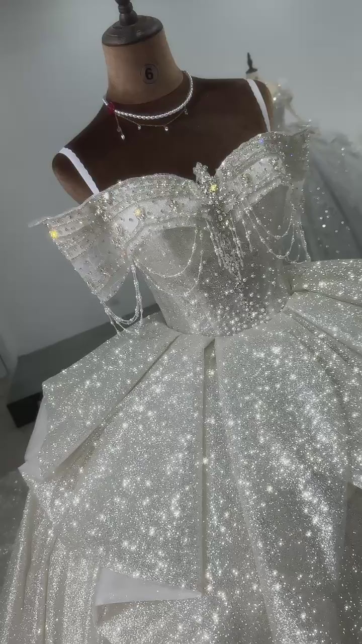 TW164 Shiny Silver Vestidos Para Boda Civil Off the Shoulder Lace Up Back Customized Wedding Dress Beading Glitter Wedding Dresses
