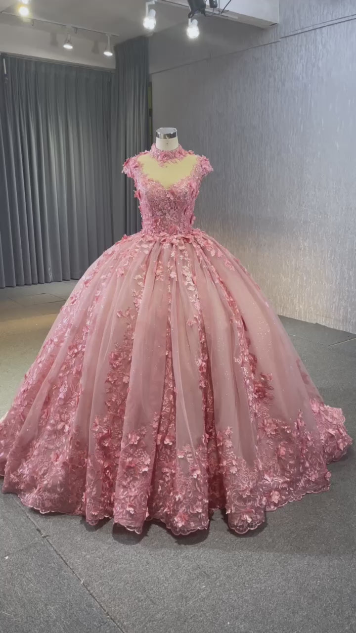 TW288 Vestidos De Quinceañeras 2025 High Cap Sleeve Lace Up Back Crystal Appliques Embroidery Customized Pink Long Dress Luxury