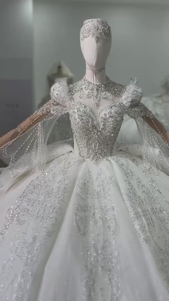 TW140 Vestido Novia Civil High Flare Sleeve Wedding Dress Lace Up Keyhole Back Beading Crystal Ball Gown Bridal Dress