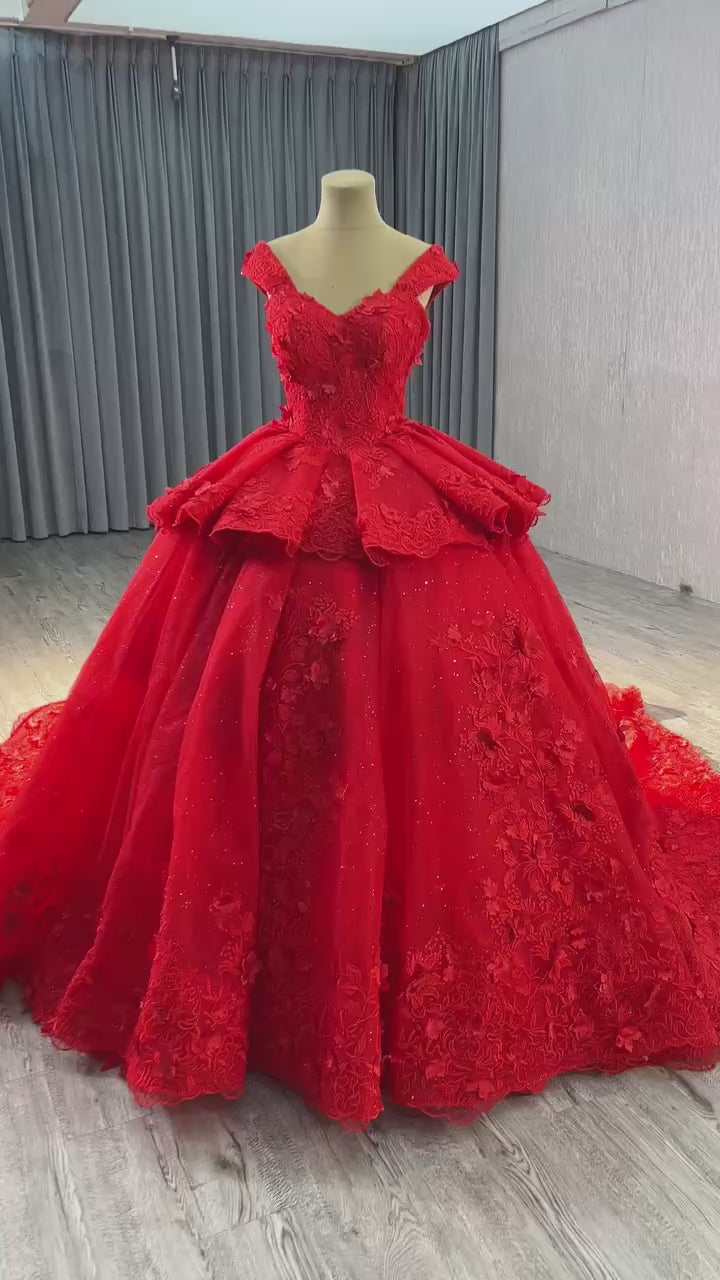 TW292 Quinceanera Dress Ball Gown Cap Sleeve Sweetheart Lace Up Back Embroidery Appliques Customized Red Long Dress
