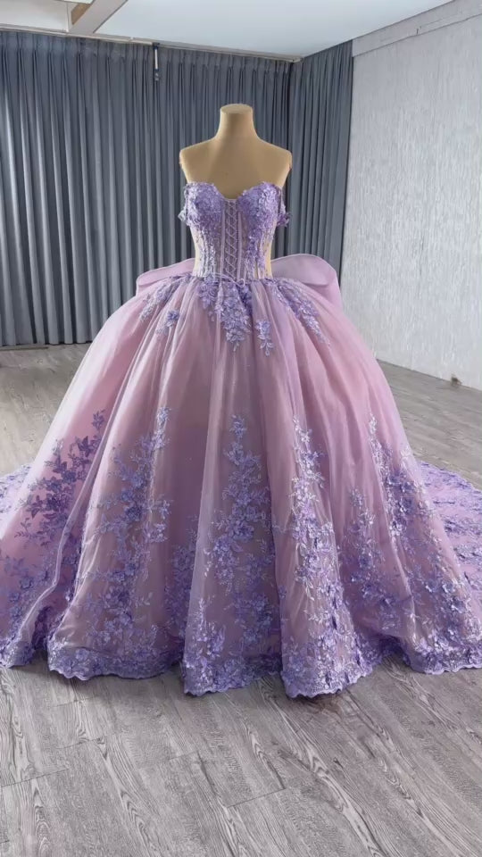 TW094 Vestidos De 15 Quinceañeras Sweetheart Appliques Lace Up Back Purple Long Evening Dress For Special Occasions