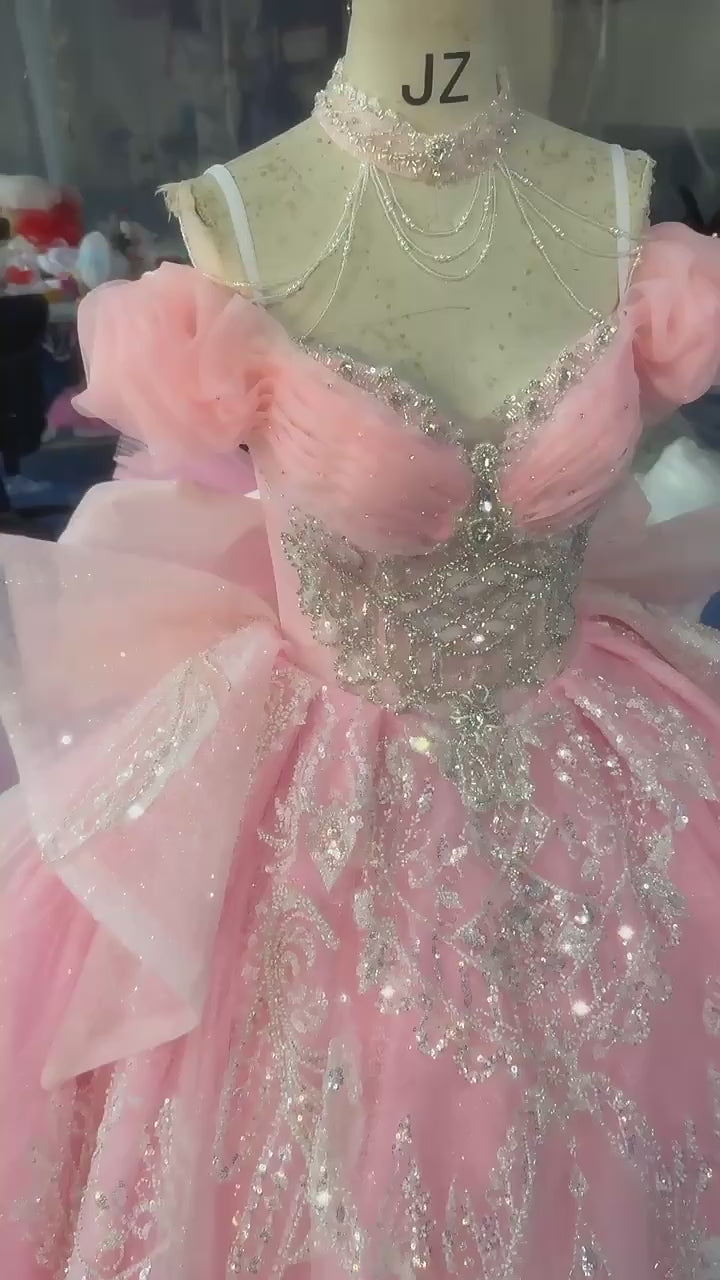TW267 Evening Gowns Sweetheart Off Shoulder Lace Up Back Evening Dress Bow Sequined Embroidery Beading Pink Long Dress Customized