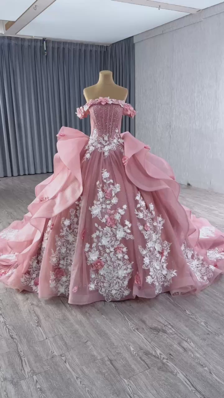 TW095 Quinceanera Dresses Luxury 2025 Off Shoulder Strapless Appliques Lace Up Back Pink Long Dress For Special Occasions
