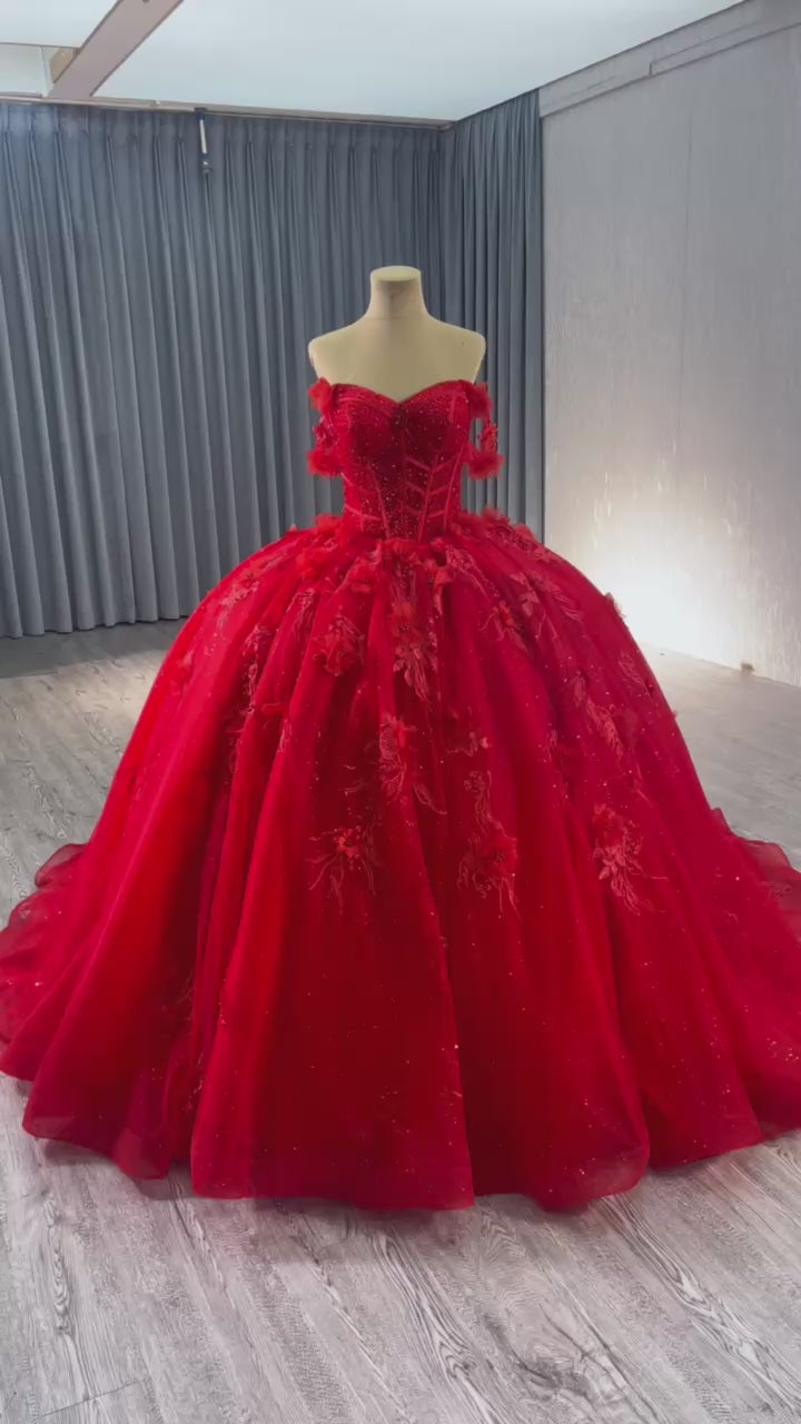 TW203 Red Quinceañera Sweetheart Off Shoulder Lace Up Back Appliques Beading Red Long Evening Dress For Special Occasions