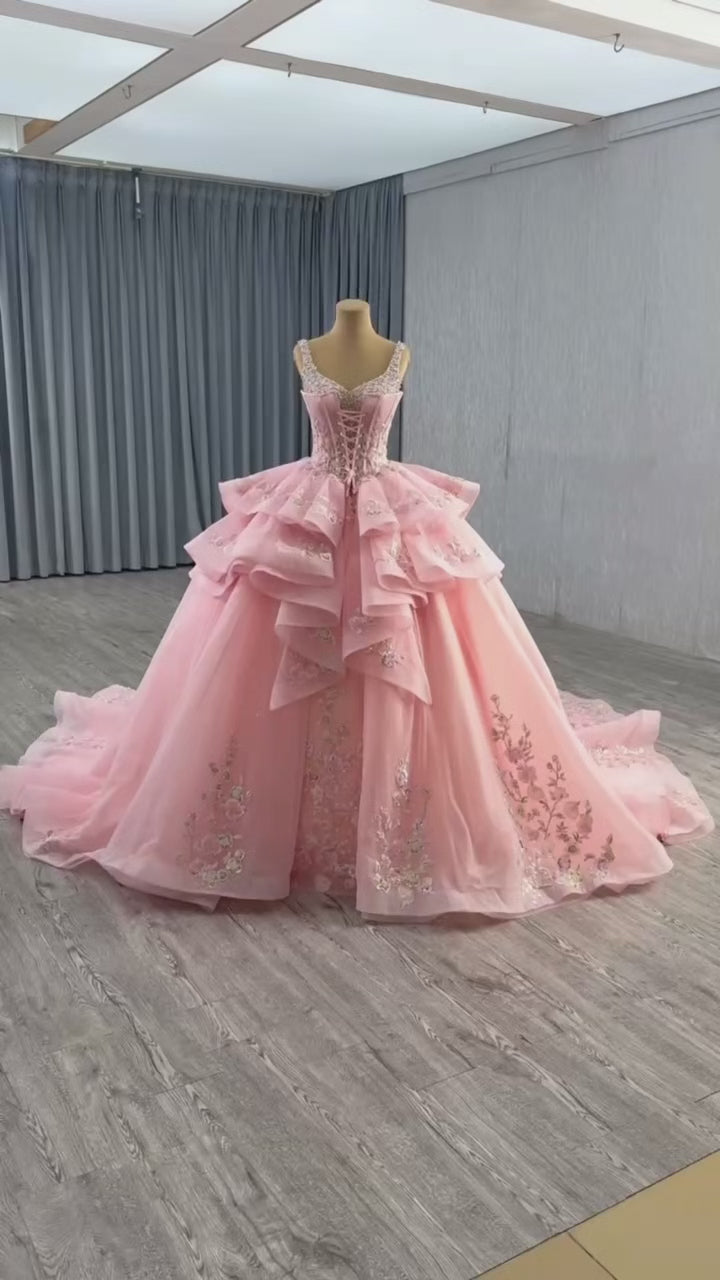 TW573 Customizable Pink Prom Dress Detachable Jacket Spaghetti Straps Lace-Up Back Beading Quinceanera Women's Special Occasion Gown