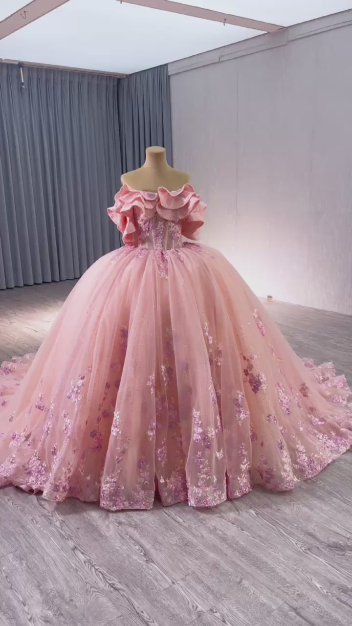 TW200 Vestidos 15 Quinceañera Lace Flower Off the Shoulder Lace Up Back Pink Ball Gown Long Formal Dress