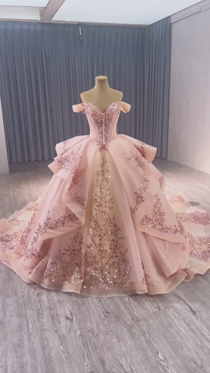 TW205 Vestido De Quinceañera Sweetheart Off Shoulder Lace Up Back Sequins Beading Pink Lace Long Dress For Occasions Dress