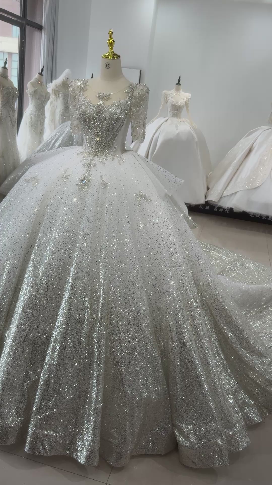 TW333 Bridal Wedding Dress O-Neck Half Sleeve Lace Up Back Ball Gown Weeding Dress Sequined Beading Crystal Luxury Bridal Dress