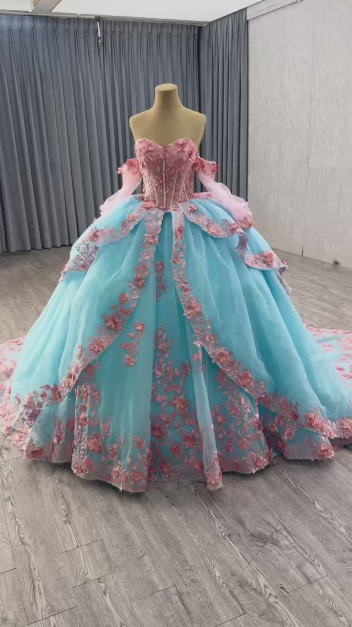 TW097 Vestidos De 15 Años Luxury 2025 Sweetheart Bow Appliques Lace Up Back Blue Pink Long Evening Prom Dress With Detachable Sleeves