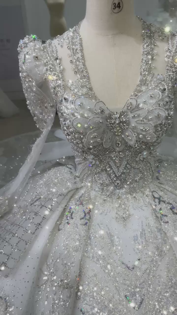 TW146 Vestido De Noiva 2025 Long Sleeve V-Neck Wedding Dress Lace Up Back Star Beading Crystal Embroidery Ball Gown Bridal Dress