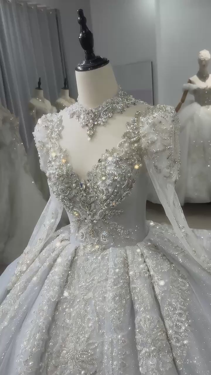 TW155 Blue Wedding Gowns For Brides Long Sleeve High Neck Keyhole Back Wedding Dress Beading Rhinestones Ball Gown Bridal Dress