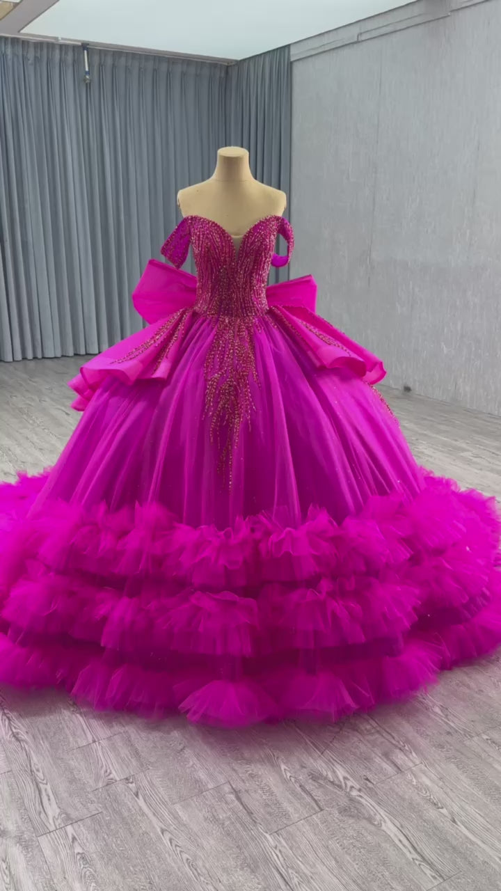 TW218 Vestido De 15 Anos Debutante Luxury Off Shoulder Sweetheart Beading Sequined Bow Lace Up Back Customized Rose Red Long Dress