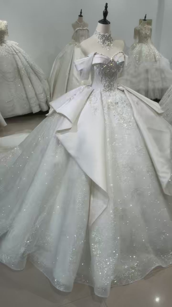 TW467 2025 Sweetheart Off-Shoulder Lace-Up Back Ball Gown Wedding Dress Crystal Sequined Bridal Dress With Customizable Embroidery