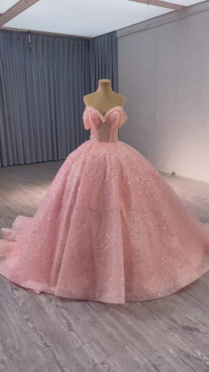 TW219 Vestido 15 Años Quinceañera Luxury Off Shoulder Sweetheart Sequined Beading Crystal Lace Up Back Customized Pink Long Dress