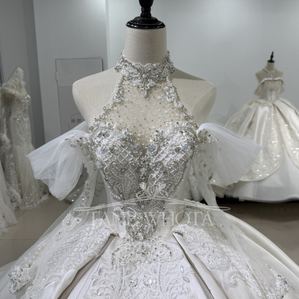TW494 Luxury Wedding Dress Beading PHalter Neckline Off The Shoulder Long Sleeve Satin Ball Gown Vestido De Novia
