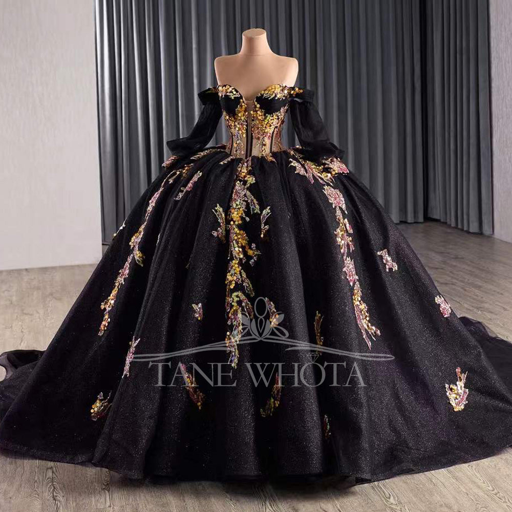 TW326 Black Vestidos De 15 Años Quinceañeras 2025 Detachable Sleeve Lace Beading Ball Gown Flower Quinceanera Dress
