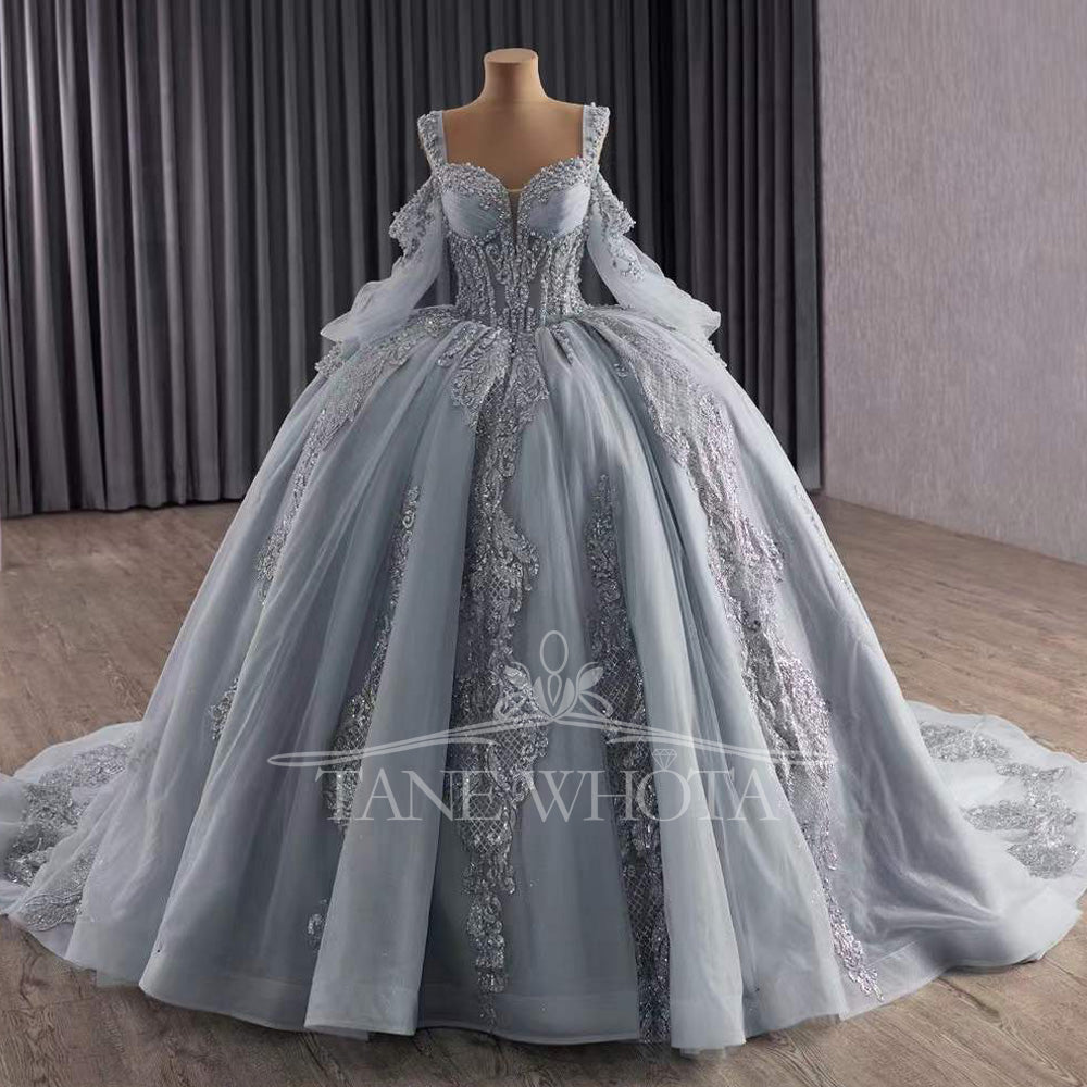 TW312 Vestidos De 15 Años Quinceañeras 2025 Sweetheart Appliques Lace Long Silver Princess Quinceanera Dress