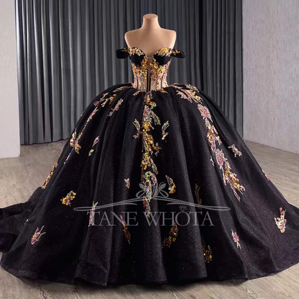 TW326 Black Vestidos De 15 Años Quinceañeras 2025 Detachable Sleeve Lace Beading Ball Gown Flower Quinceanera Dress