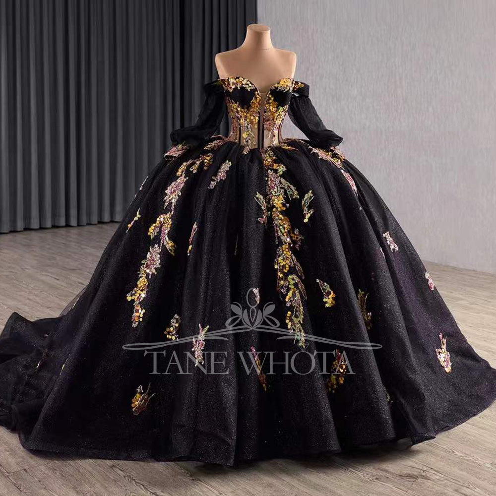 TW326 Black Vestidos De 15 Años Quinceañeras 2025 Detachable Sleeve Lace Beading Ball Gown Flower Quinceanera Dress