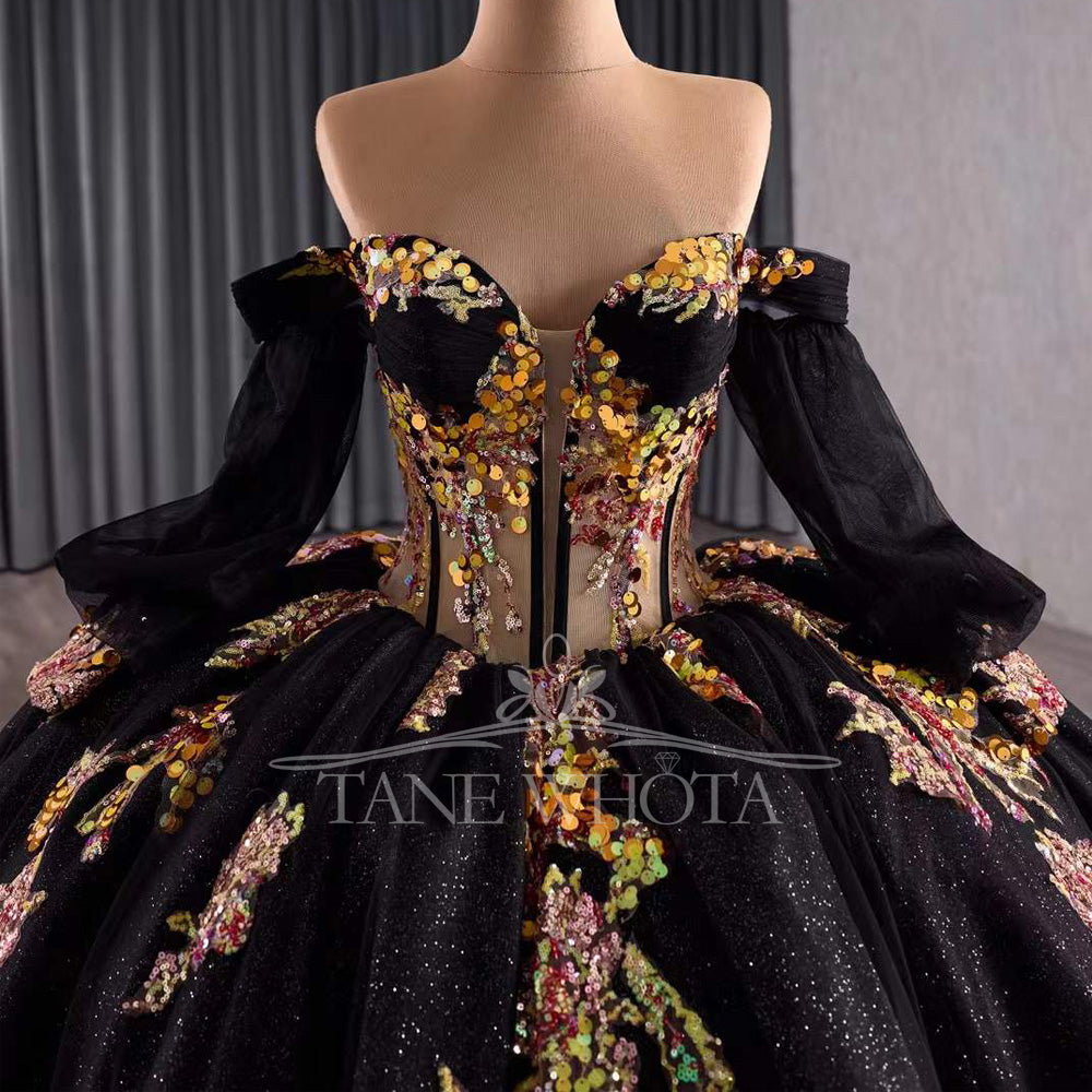 TW326 Black Vestidos De 15 Años Quinceañeras 2025 Detachable Sleeve Lace Beading Ball Gown Flower Quinceanera Dress