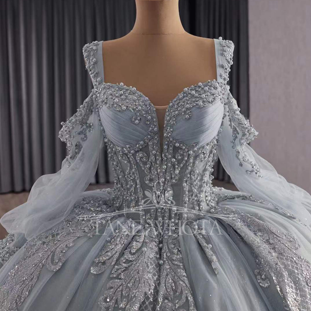 TW312 Vestidos De 15 Años Quinceañeras 2025 Sweetheart Appliques Lace Long Silver Princess Quinceanera Dress