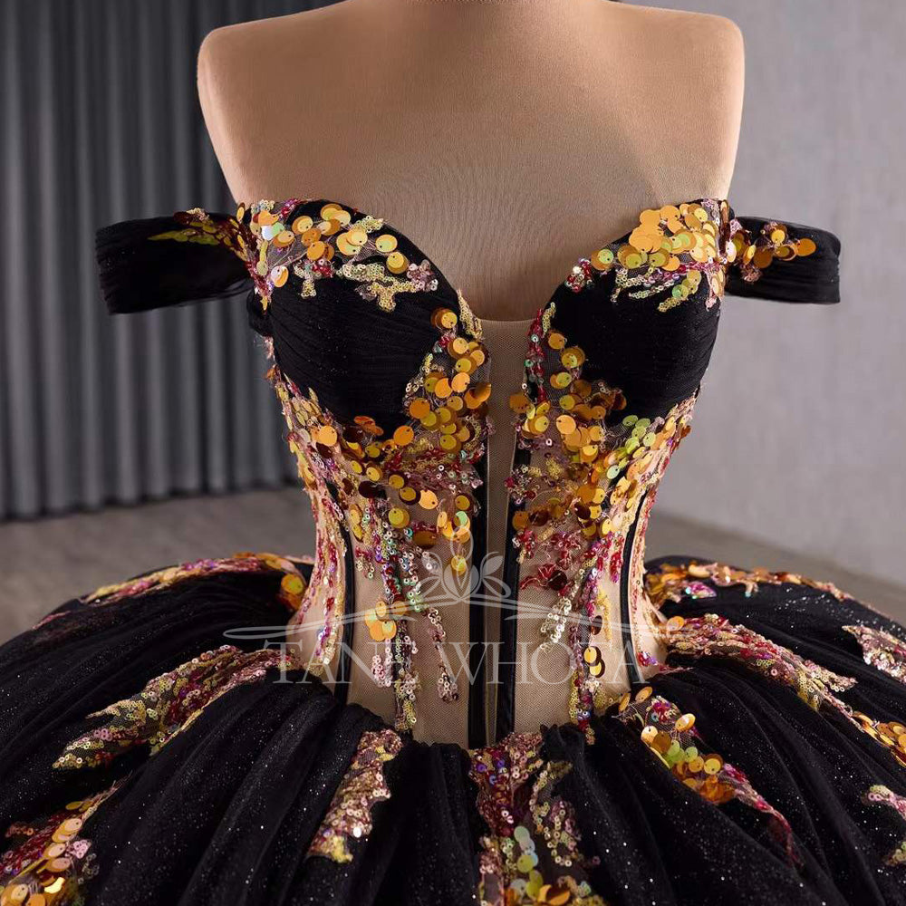 TW326 Black Vestidos De 15 Años Quinceañeras 2025 Detachable Sleeve Lace Beading Ball Gown Flower Quinceanera Dress