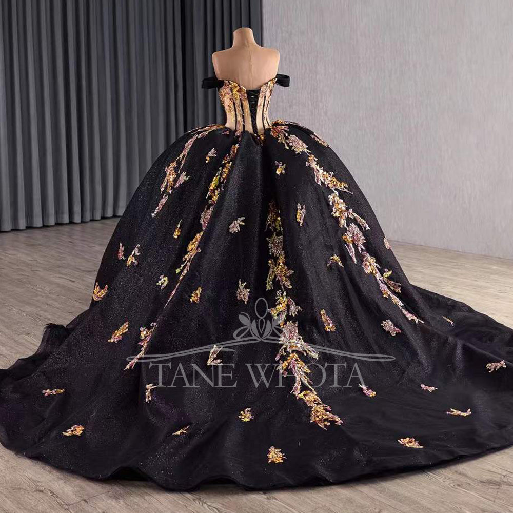 TW326 Black Vestidos De 15 Años Quinceañeras 2025 Detachable Sleeve Lace Beading Ball Gown Flower Quinceanera Dress