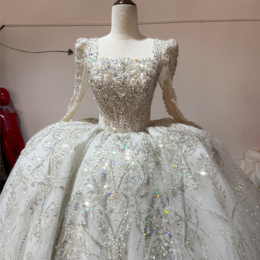 TW018 Vestido Boda Civil Dress Square Collar Long Sleeve Lace Up Back Customized Wedding Dresses