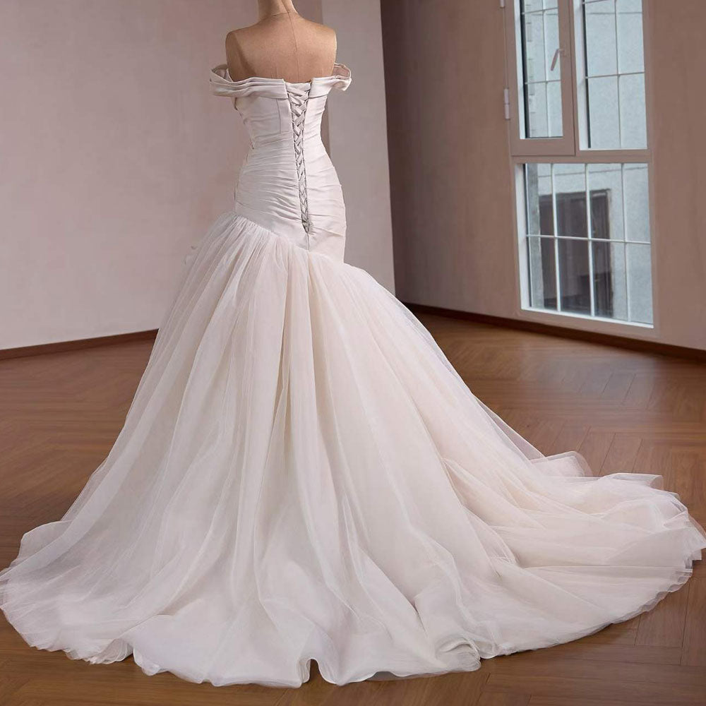 TW1097 Elegant Mermaid Wedding Dress Sweetheart Off-The-Shoulder Lace-Up Back Ruched 3D Flower Vestido De Novia