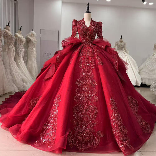 TW012 Lace Evening Dresses Luxury 2025 Long Sleeve Crystal Beaded Keyhole Back Red Long Dresses For Special Occasions