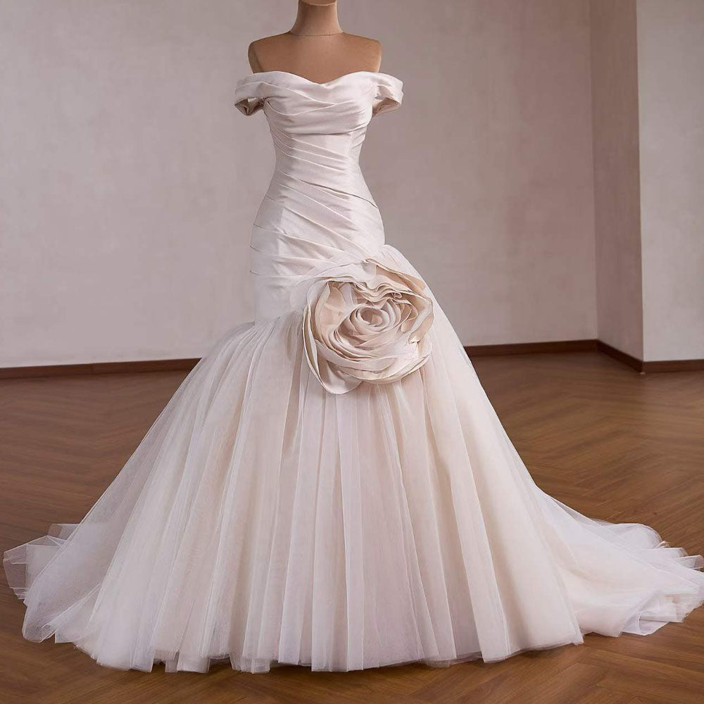 TW1097 Elegant Mermaid Wedding Dress Sweetheart Off-The-Shoulder Lace-Up Back Ruched 3D Flower Vestido De Novia