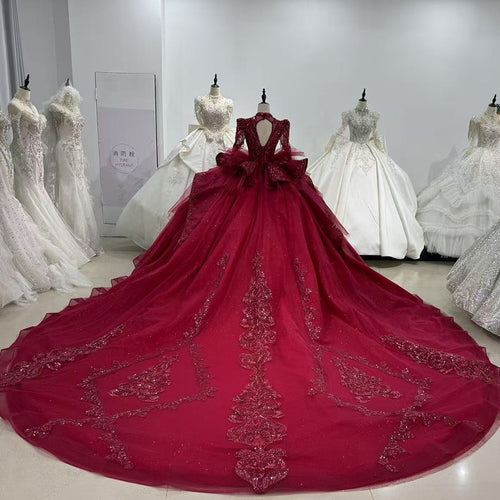 TW012 Lace Evening Dresses Luxury 2025 Long Sleeve Crystal Beaded Keyhole Back Red Long Dresses For Special Occasions