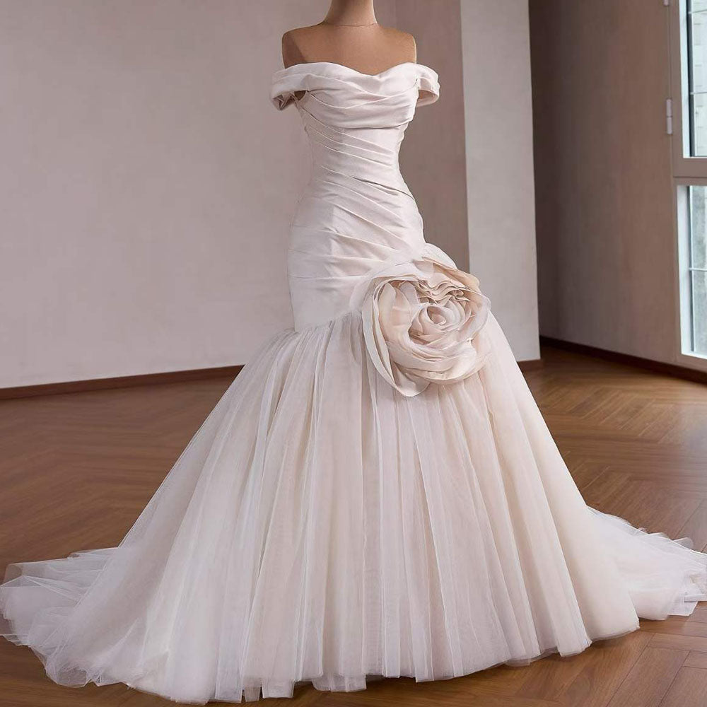 TW1097 Elegant Mermaid Wedding Dress Sweetheart Off-The-Shoulder Lace-Up Back Ruched 3D Flower Vestido De Novia