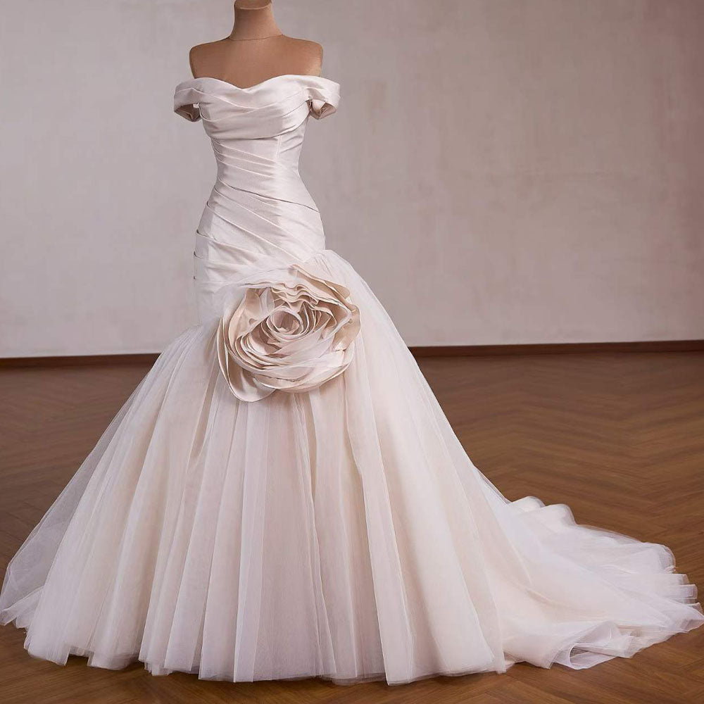TW1097 Elegant Mermaid Wedding Dress Sweetheart Off-The-Shoulder Lace-Up Back Ruched 3D Flower Vestido De Novia