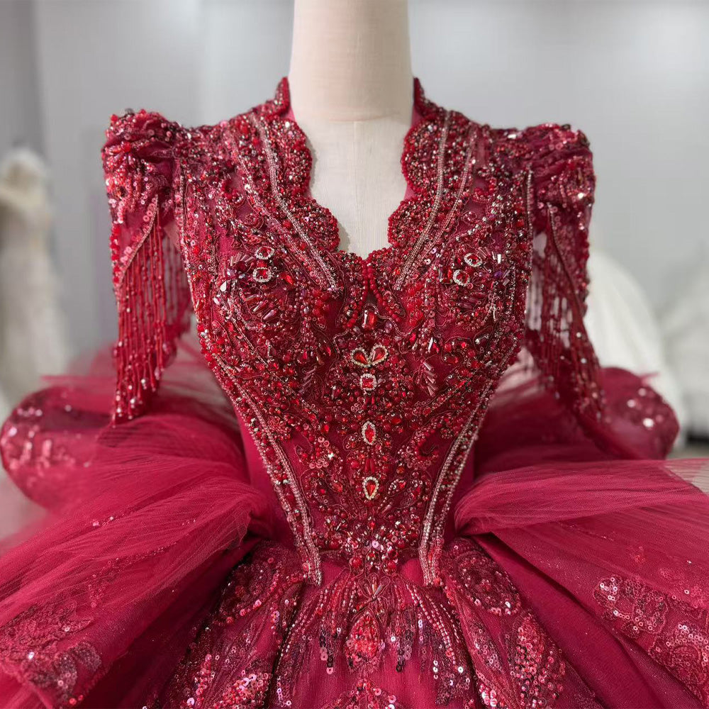 TW012 Lace Evening Dresses Luxury 2025 Long Sleeve Crystal Beaded Keyhole Back Red Long Dresses For Special Occasions