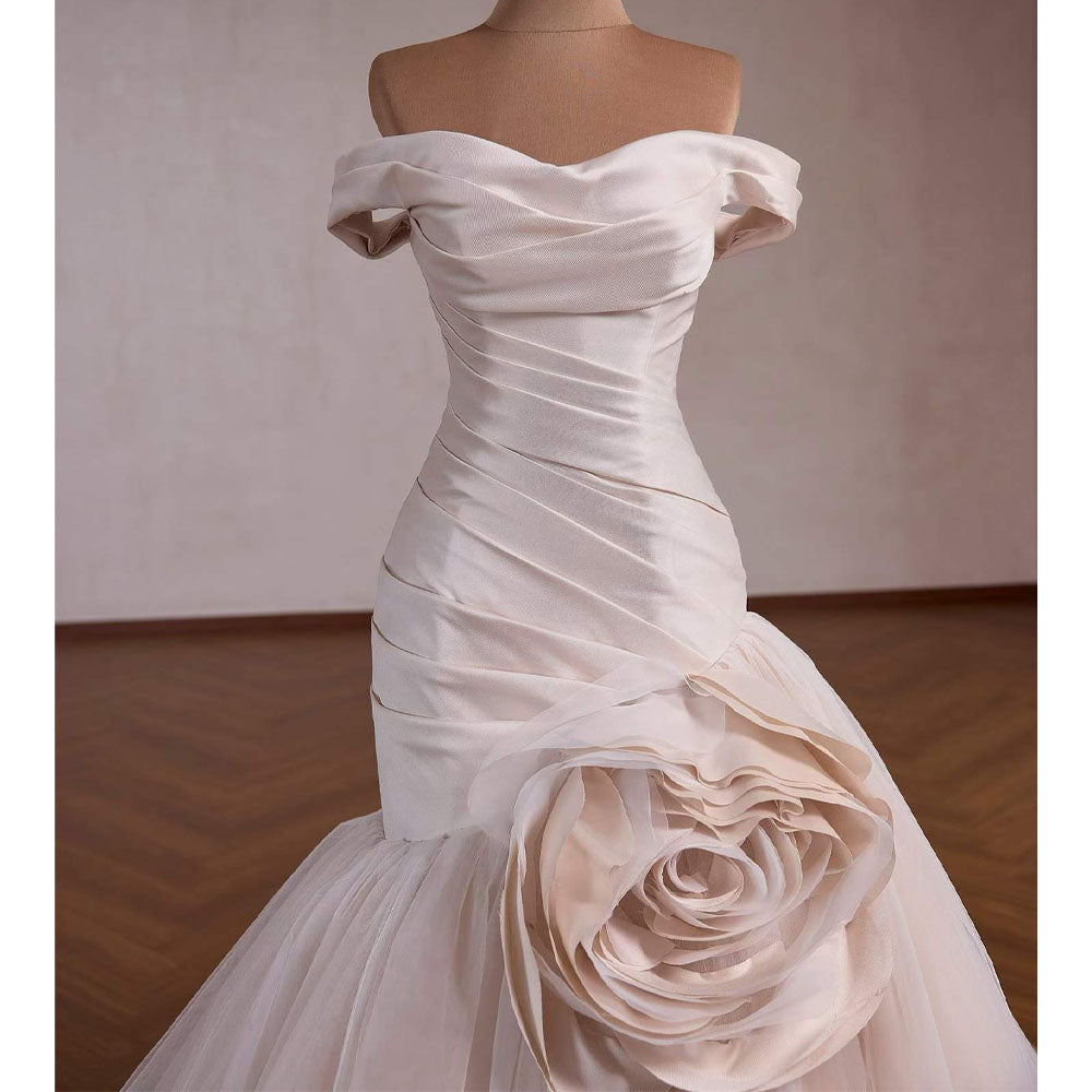 TW1097 Elegant Mermaid Wedding Dress Sweetheart Off-The-Shoulder Lace-Up Back Ruched 3D Flower Vestido De Novia