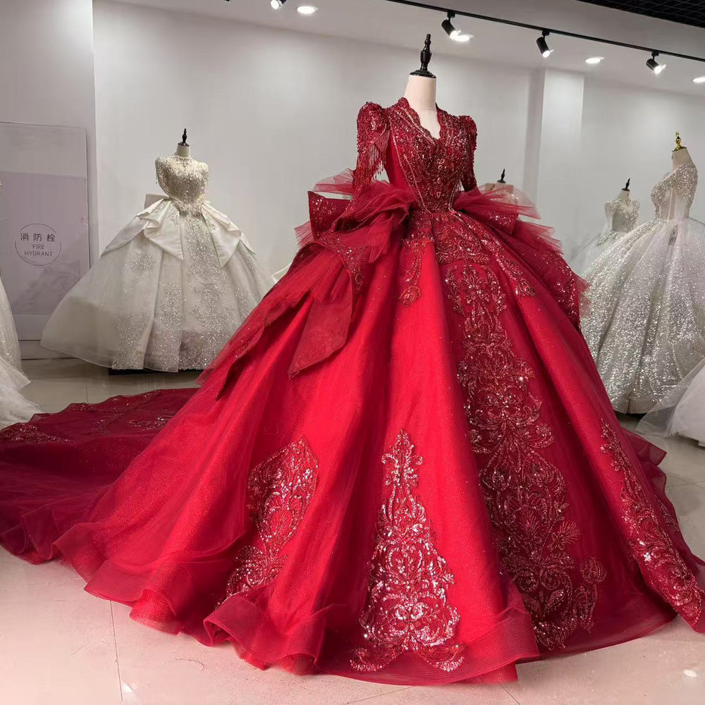 TW012 Lace Evening Dresses Luxury 2025 Long Sleeve Crystal Beaded Keyhole Back Red Long Dresses For Special Occasions