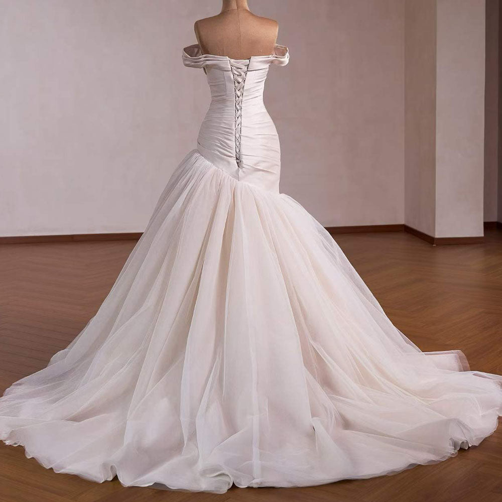 TW1097 Elegant Mermaid Wedding Dress Sweetheart Off-The-Shoulder Lace-Up Back Ruched 3D Flower Vestido De Novia