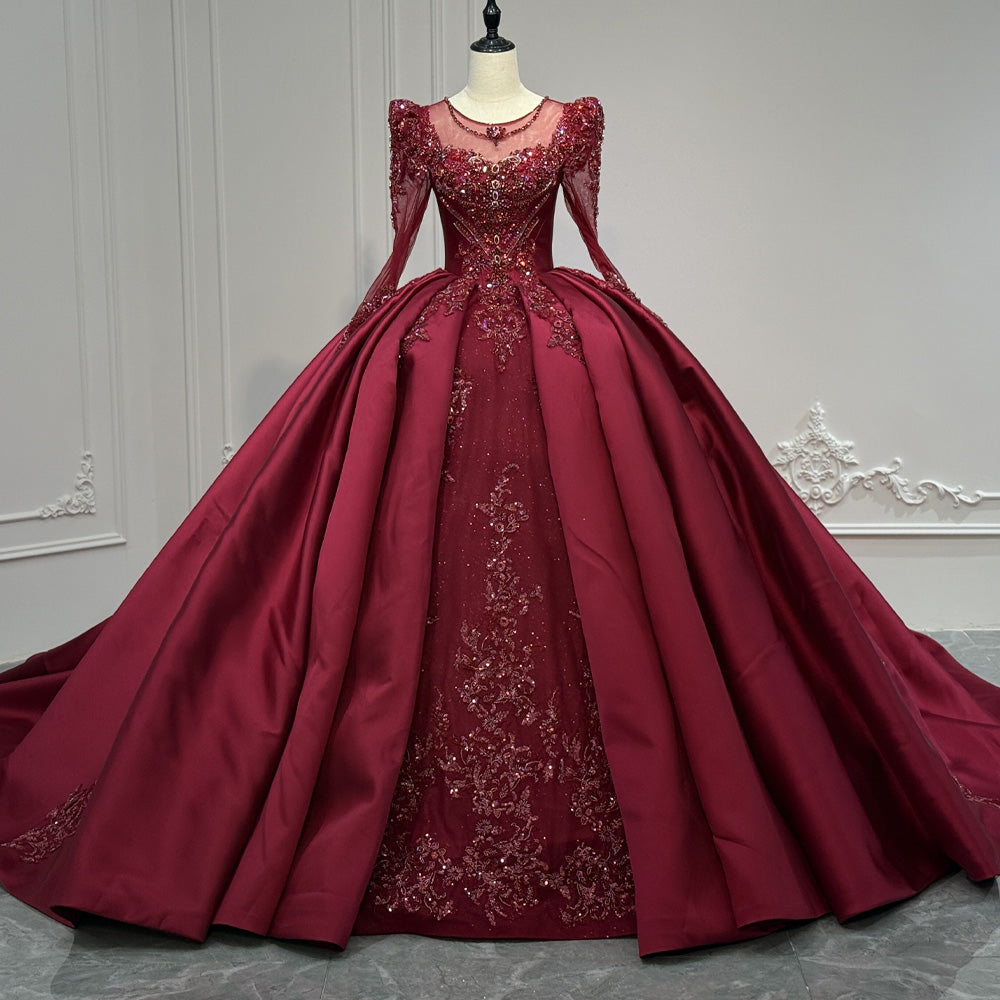 TW970 Red O-Neck Customizable Long Sleeves Lace-Up Keyhole Back Evening Dress Crystal Beading Luxury Dress 2026