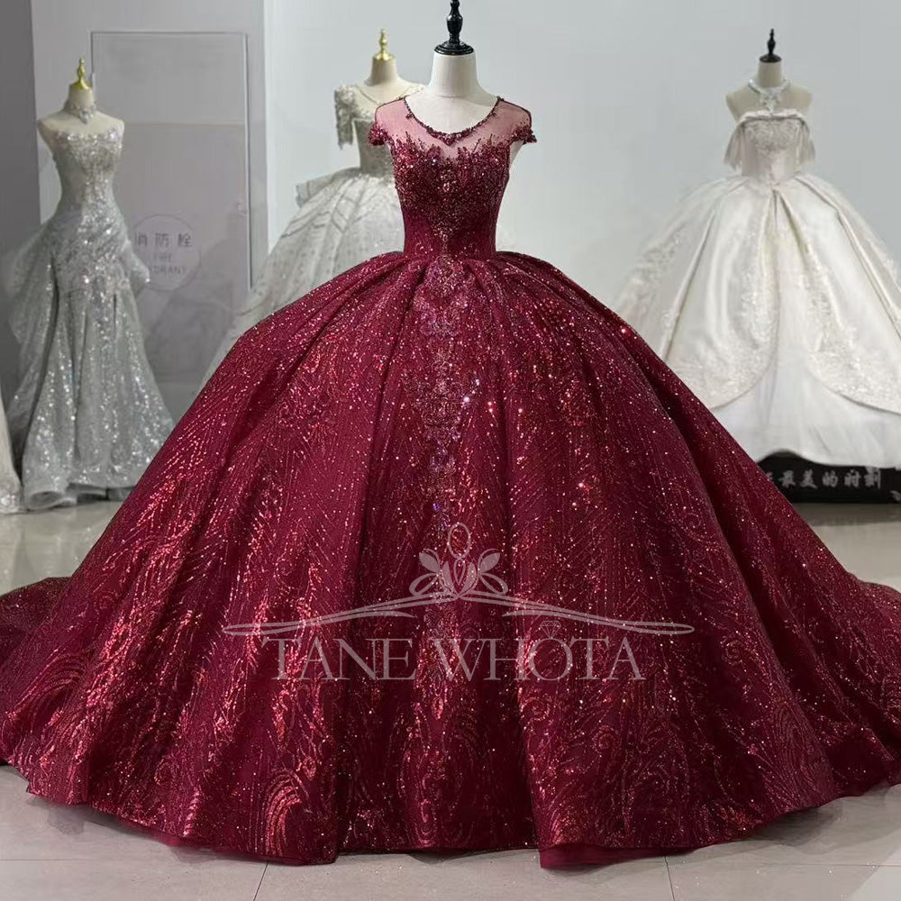 TW815 Customizable Red Evening Gown O-Neck Cap Sleeves Lace Up Keyhole Back Crystal Sequined Prom Dress For Women