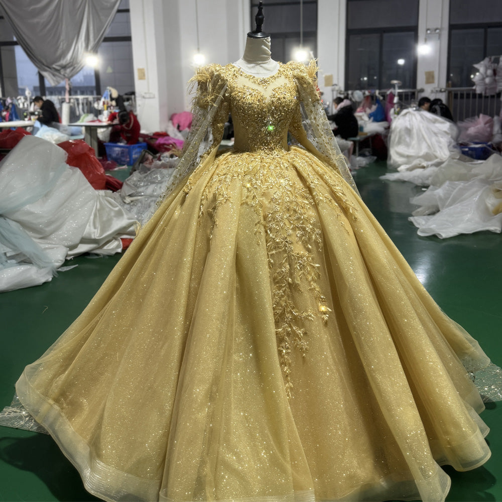 TW976 Yellow Evening Dress O-Neck Long Sleeve Crystal Embroidery With Feathers Lace-Up Keyhole Back Customizable Women's Formal Gown