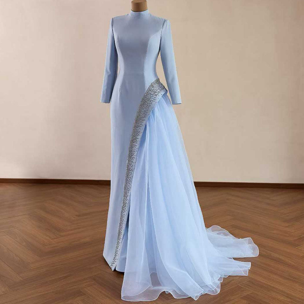 TW1081 2026 Light Blue Customizable High Long Sleeves Evening Dress Zipper Crystal Elegant Prom Dress