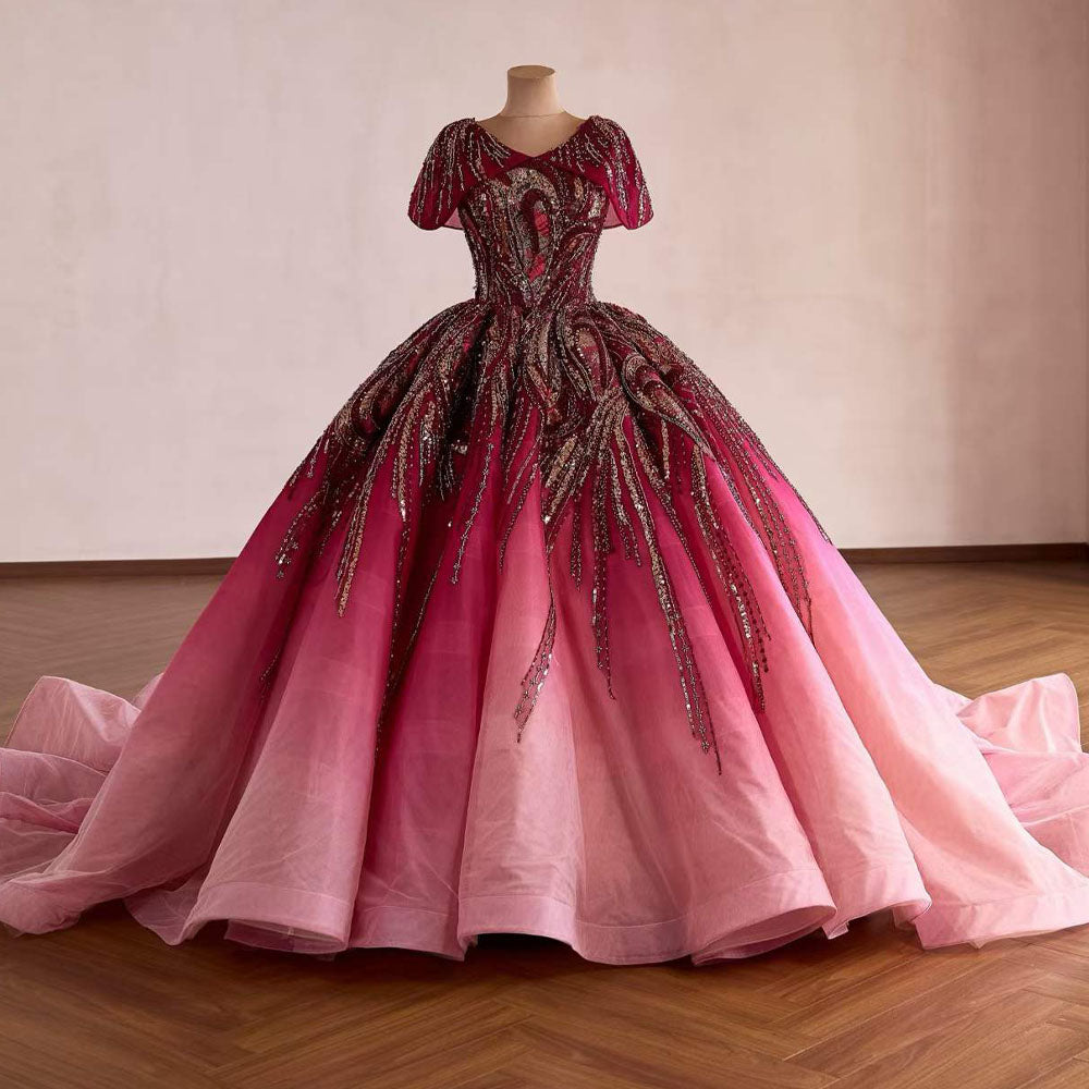 TW1092 Luxury V-Neck Cap Sleeve Evening Dress With Lace-Up Back And Sequined Embroidery Customizable Prom Dress 2026